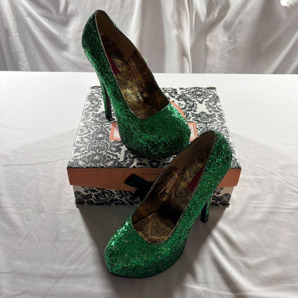 Bordello Teeze-06G Green Glitter Platform Pumps Womens 9 Burlesque Stiletto Heel